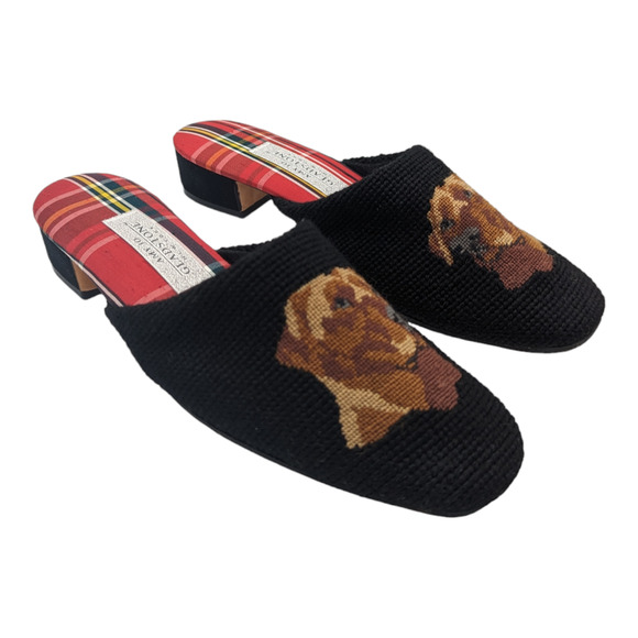 Vintage Amy Jo Gladstone NY Woven Wool Needle Point Yellow Lab Mules Large NWOB - Picture 2 of 10